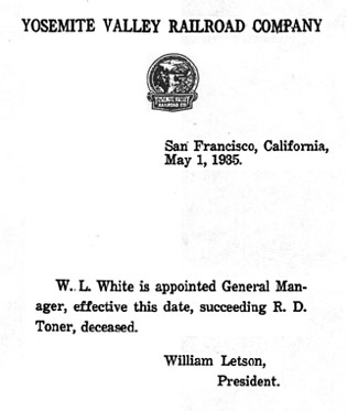 Bill Letson - Letter regarding Bill White return to the YVRR