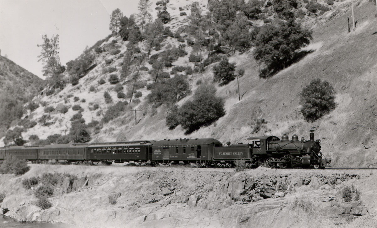 Short passenger train in the Canyon of the Merced River